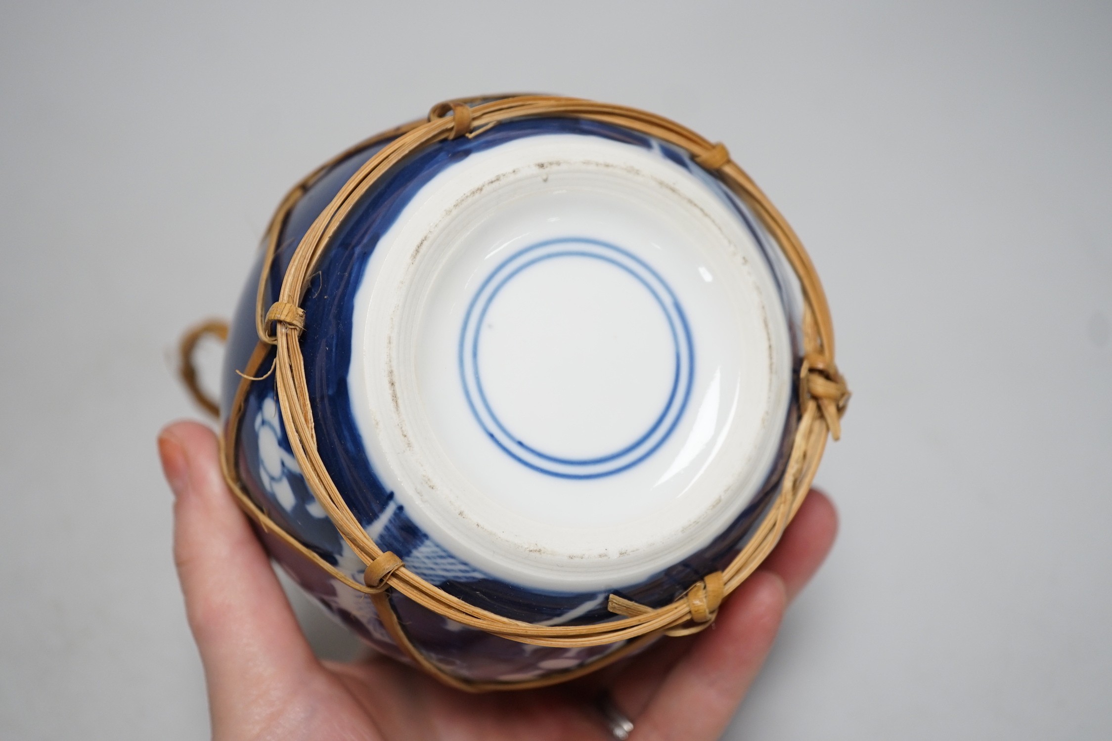 A group of Canton enamel vases, a pair of cloisonné enamel jars and a blue and white jar. Tallest 15.5cm